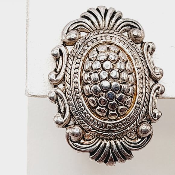 Vintage Ornate Silver Tone Clip On Earrings, 1 1/8 Inch - Picture 3 of 10